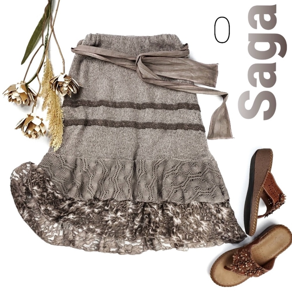 New SAGA Brown Boho Floral Stripe Embroid Skirt 0